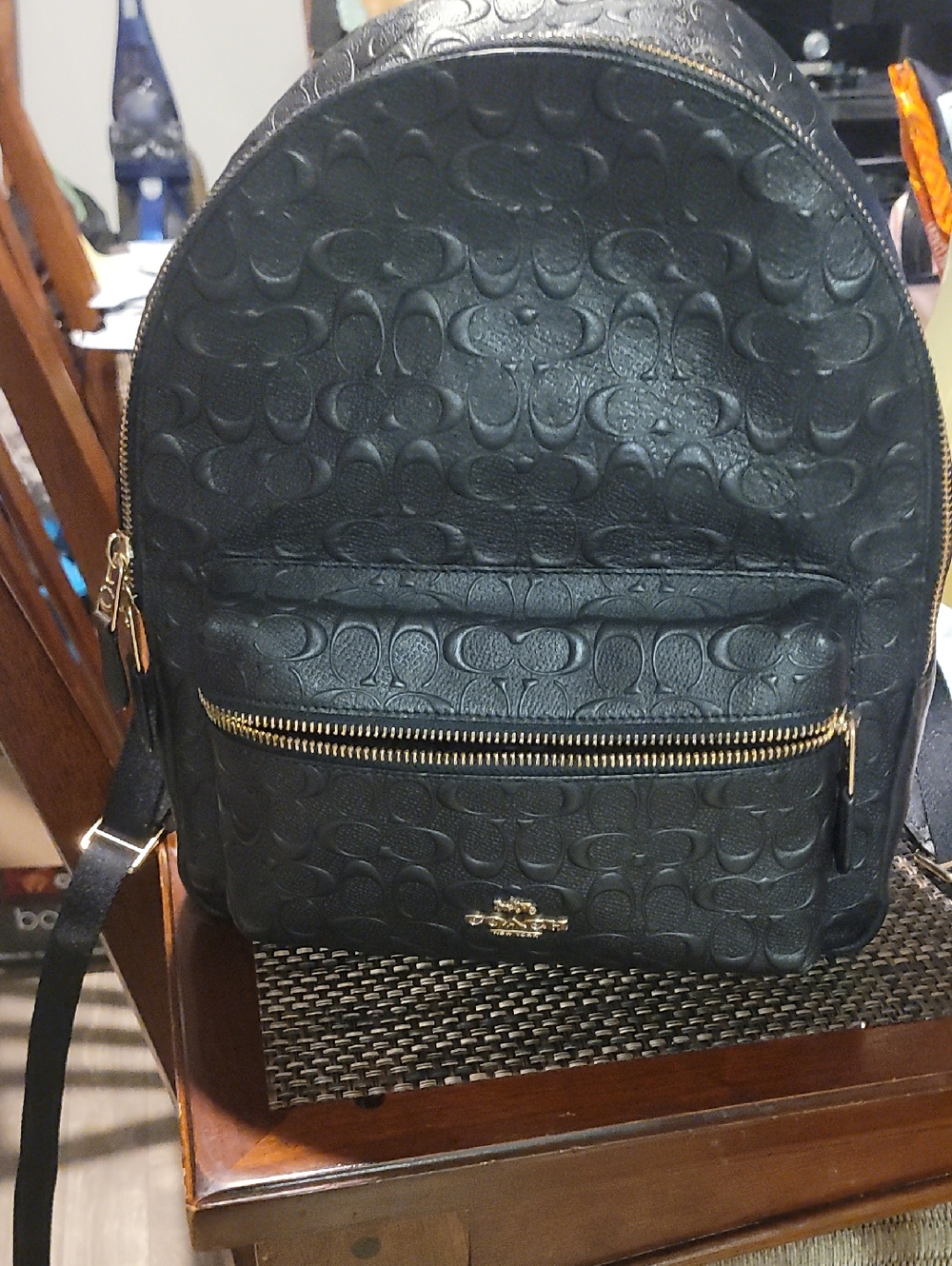 Coach Black Embossed Signature Backpack with Gold Hardware